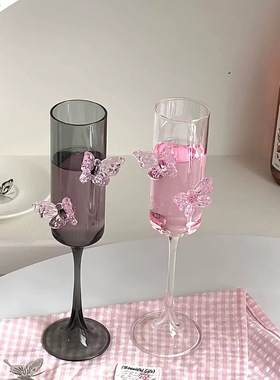 蝴蝶玻璃高脚杯ins高颜值敬酒杯香槟杯鸡尾酒杯高品质水杯礼物