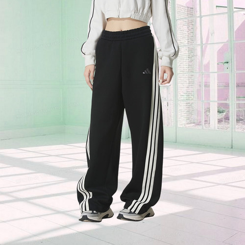Adidas阿迪达斯女款裤子2025冬季新款舒适宽松阔腿三杠长裤KB8998