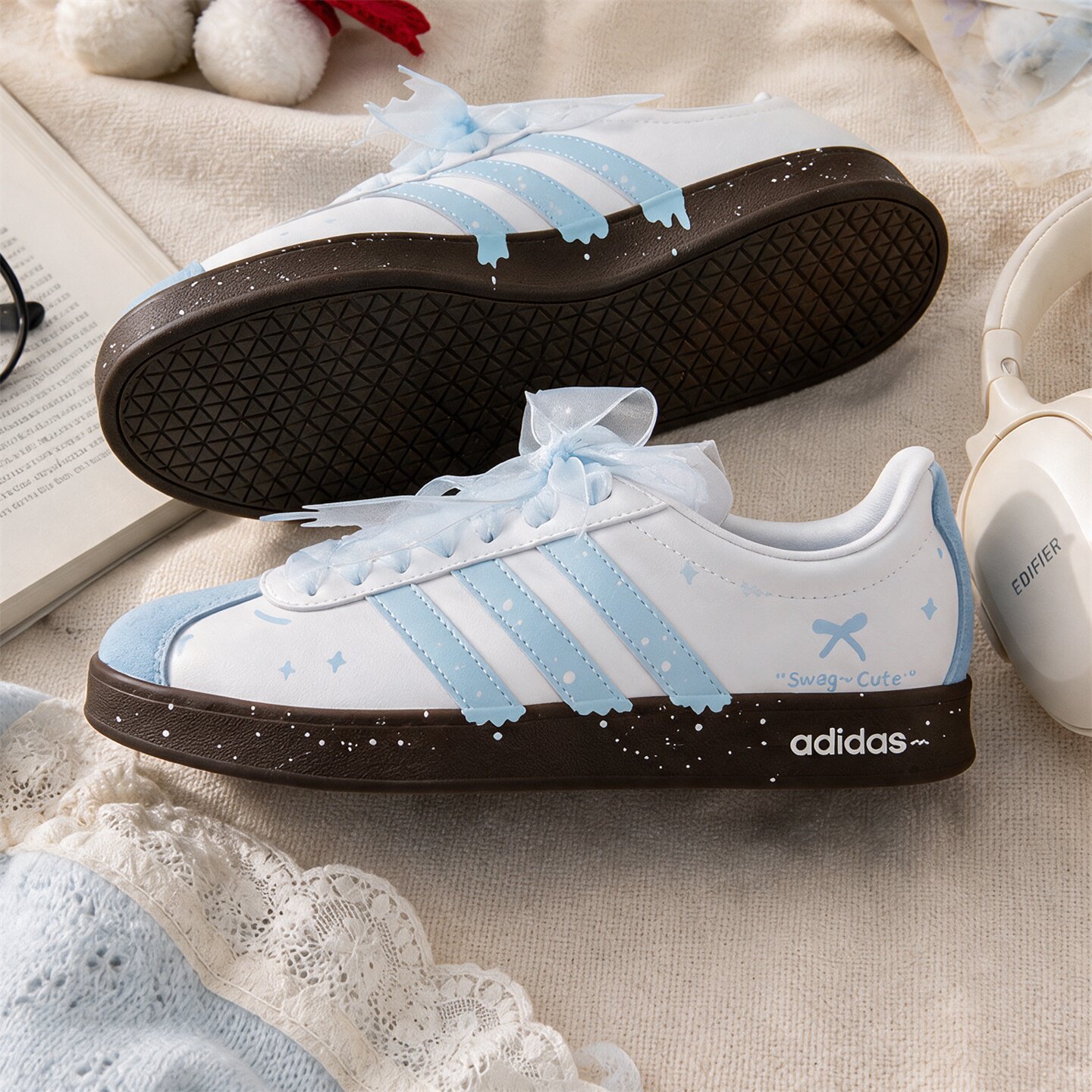 【球鞋定制】Adidas阿迪达斯 VL COURT 海盐蝴蝶结 男女潮流板鞋