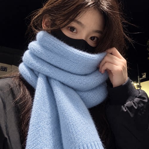 啄木鸟天蓝色针织围巾女秋冬季