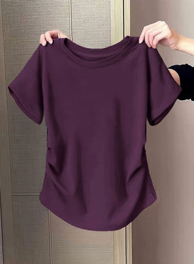 正肩短袖女t恤2026新款大码女装胖mm显瘦修身收腰紫色上衣女夏T恤