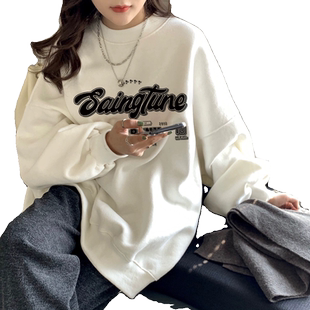 慵懒风卫衣女秋冬oversize白色大码加绒显瘦圆领无帽韩版宽松上衣