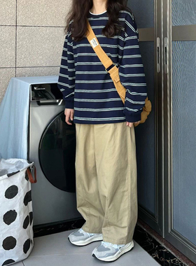 长袖t恤女条纹宽松oversize大码内搭打底衫港味复古chic上衣秋ins