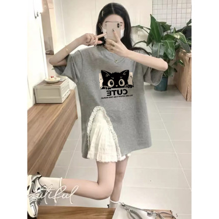 夏季圆领美式纯棉短袖t恤女2024新款爆款设计感宽松开叉别致上衣