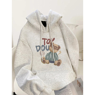 灰色加绒卫衣女款2026新款连帽宽松慵懒风帽衫胖mm大码女装上衣女