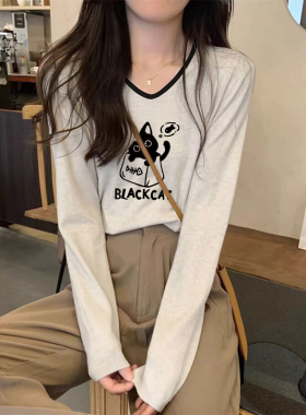 长袖内搭打底衫正肩t恤2026新款女大码女装灰色V领修身早秋上衣女