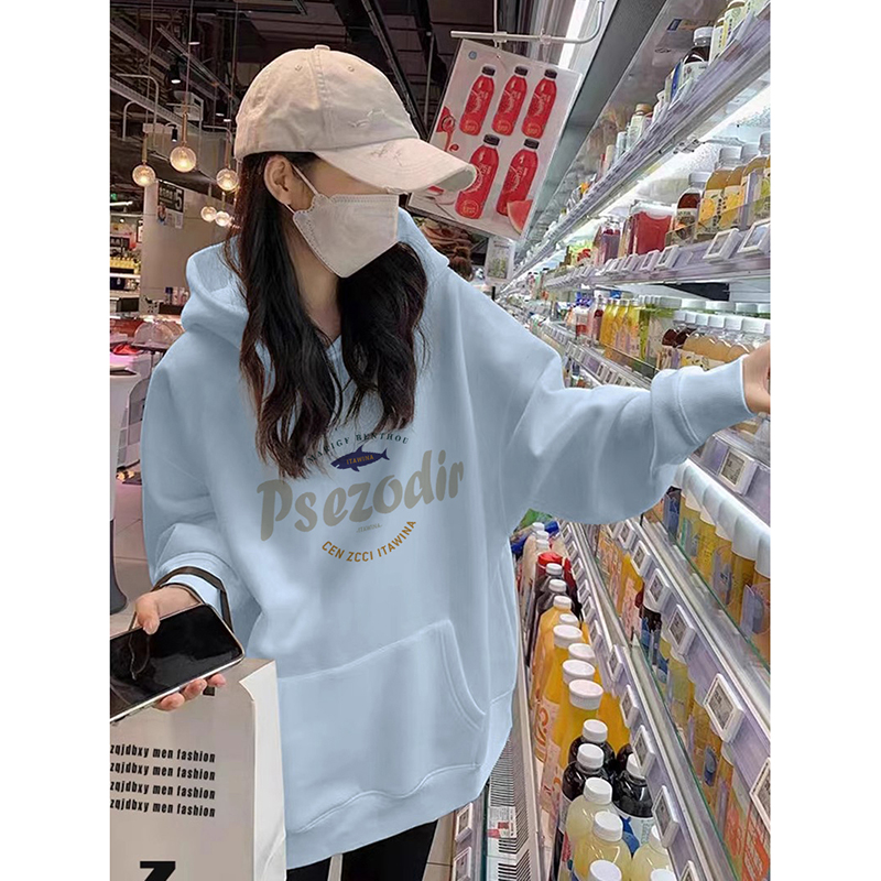 蓝色连帽加绒卫衣女秋冬款
