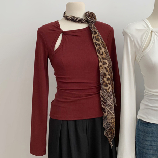设计感酒红色长袖 大码 镂空修身 女2024新款 上衣女 秋冬内搭打底衫