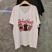 t恤女2026新款 胖mm大码 女装 白色竹节棉短袖 休闲睡衣v领上衣女夏季