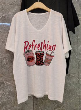 白色竹节棉短袖t恤女2025新款胖mm大码女装休闲睡衣v领上衣女夏季