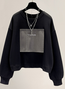 黑色圆领卫衣2025新款女秋冬oversize大码短款韩版宽松上衣潮外套