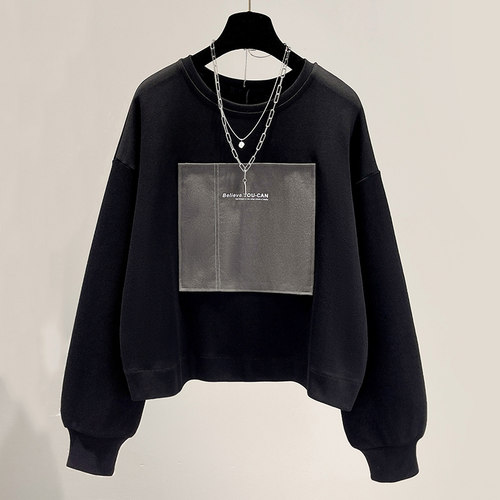 黑色圆领卫衣2025新款女秋冬短款