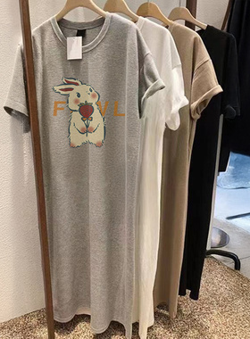 纯棉睡裙女夏大码胖mm短袖宽松慵懒风2026新款灰色长款t恤连衣裙