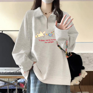 无帽早秋长袖 翻领灰色秋季 女装 胖mm大码 polo领上衣 卫衣女2025新款