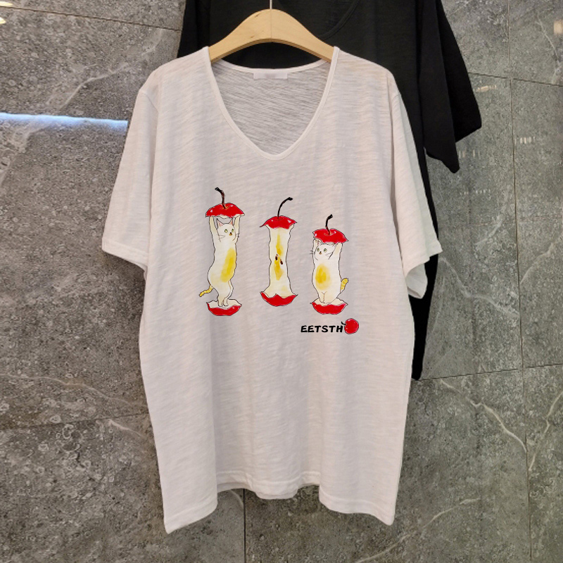 白色竹节棉睡衣t恤女2025新款宽松大码女装胖mm巨显瘦v领上衣女夏