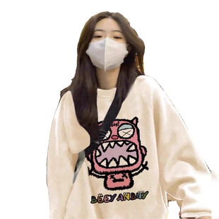 白色卫衣女款2026新款爆款圆领宽松加绒美式无帽大码慵懒风上衣潮