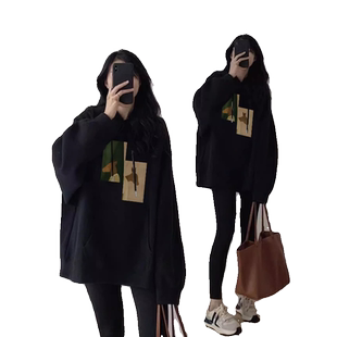 美式复古oversize卫衣女秋冬黑色大码连帽加绒显瘦韩版宽松上衣女
