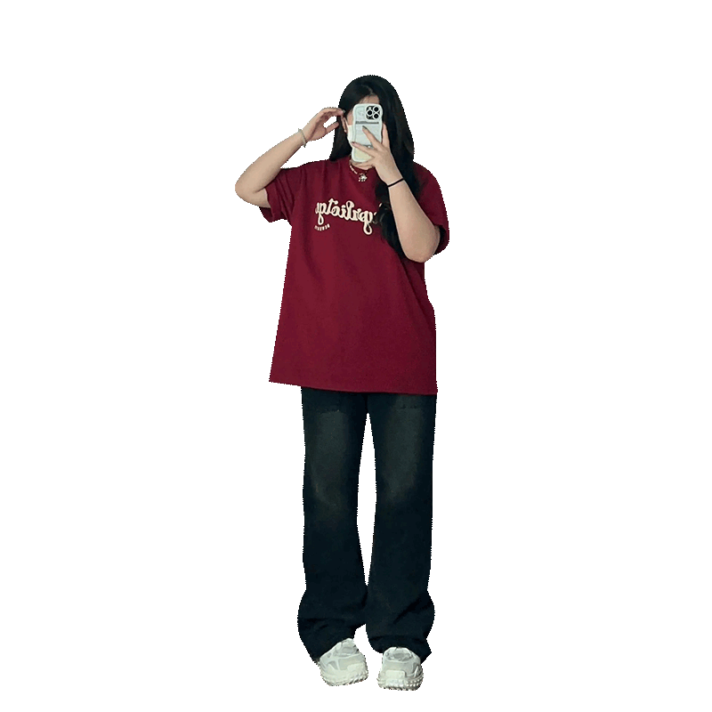 酒红色短袖t恤女夏季潮牌纯棉宽松大码微胖女孩穿搭显瘦美式上衣