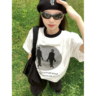 女装 夏季 大码 纯棉短袖 印花显瘦宽松休闲设计感上衣 t恤女2024新款