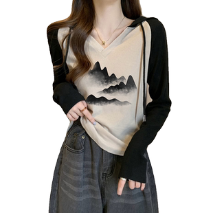 正肩长袖t恤女连帽显瘦国风v领德绒内搭打底衫美拉德穿搭修身上衣