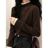 半高领长袖 撞色假两件超好看内搭打底衫 女胖mm大码 t恤女咖色上衣