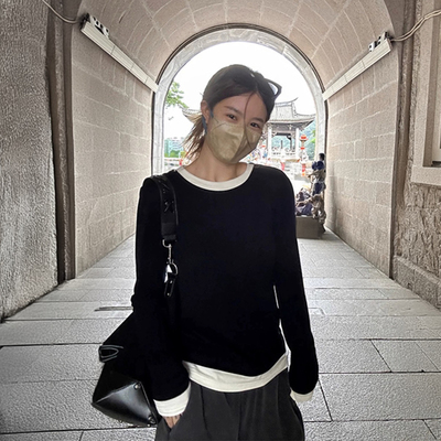 黑色假两件长袖t恤女2024新款