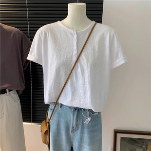 韩版显瘦雪花棉夏季纯白女T恤短袖宽松慵懒风松弛感纽扣上衣女夏