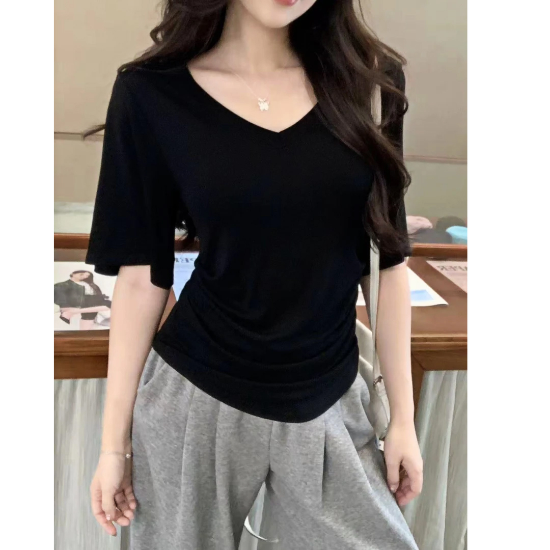 收腰短袖t恤女荡袖大码女装