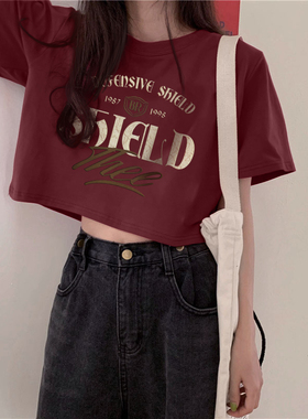 酒红色短袖t恤女正肩纯棉宽松多巴胺穿搭大码辣妹小个子短款上衣