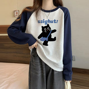 胖mm显瘦 t恤女插肩圆领卫衣宽松慵懒风早秋上衣大码 美式 复古长袖