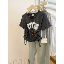 正肩美式短袖女t恤夏胖mm显瘦遮肚子纯棉修身收腰设计感短款上衣