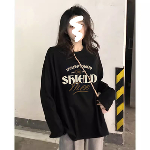 上衣女2026新款 美式 复古t恤纯棉宽松黑色打底衫 女长袖 上衣潮 秋季