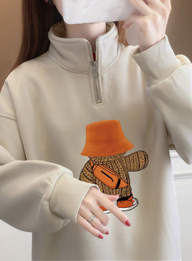 山东即墨卫衣女2026新款爆款秋冬加绒大码半拉链polo领设计感上衣