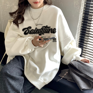 慵懒风卫衣女秋冬oversize白色大码 宽松上衣 加绒显瘦圆领无帽韩版