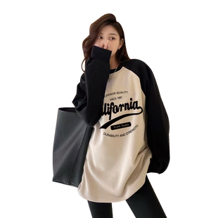 美式复古卫衣插肩大码打底衫女中长款t恤宽松长袖上衣女2025新款