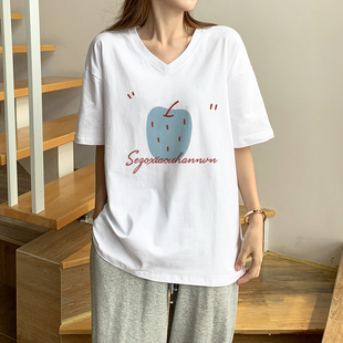 纯棉白色t恤女2025新款 胖mm显瘦遮肚子宽松慵懒风v领上衣 短袖 大码