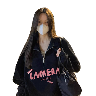 美式复古卫衣女2026新款爆款oversize秋冬半拉链加绒polo领上衣女