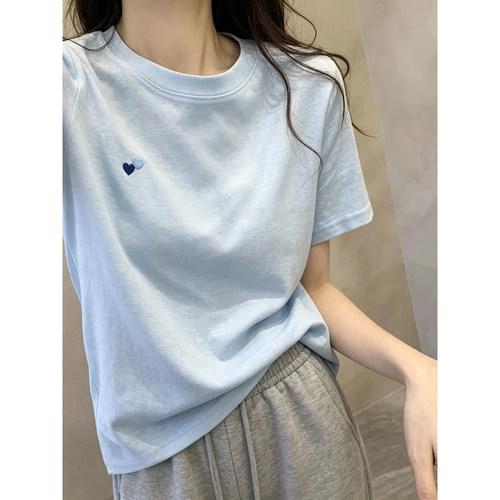韩版刺绣正肩短袖T恤女