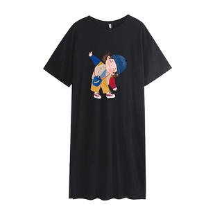 夏季胖mm大码女装遮肚子超好看黑色连衣裙女纯棉圆领短袖长款t恤