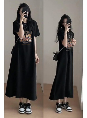 大码黑色显瘦连衣裙女夏季2026新款长款t恤女胖mm遮肚藏肉裙子潮