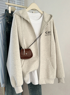 开衫早秋外套oversize加绒连帽灰色卫衣女2026新款爆款宽松上衣女
