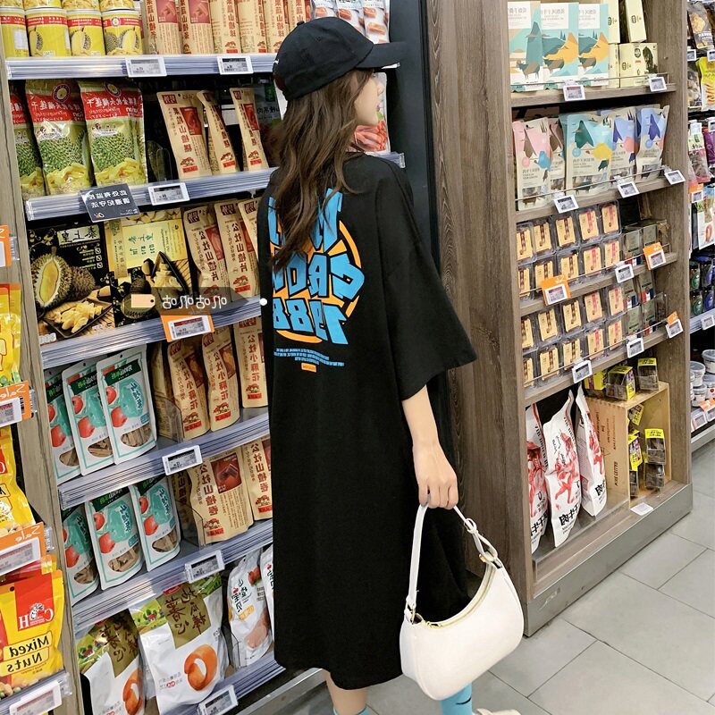 黑色连衣裙女夏季新款宽松短袖长款t恤女大码胖mm休闲长裙子睡裙