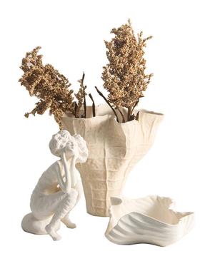 现代简约米色素雅陶瓷花瓶抽象少女人物雕塑果盘茶几样板房间摆件