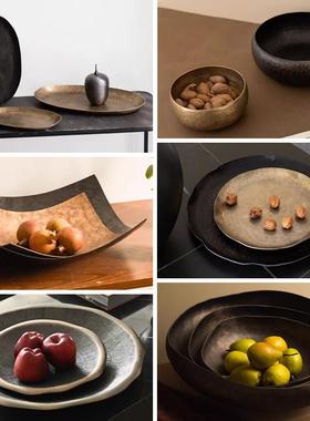 轻奢手工锤纹圆形水果盘茶几侘寂极简家居客厅样板间桌面软装托