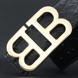 个性皮带男士真皮潮流鸵鸟纹宽韩版轻奢B平滑扣百搭青年牛仔裤带