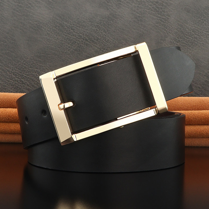 大头针扣皮带男士韩版休闲宽牛皮腰带百搭年轻人简约气质光面裤带