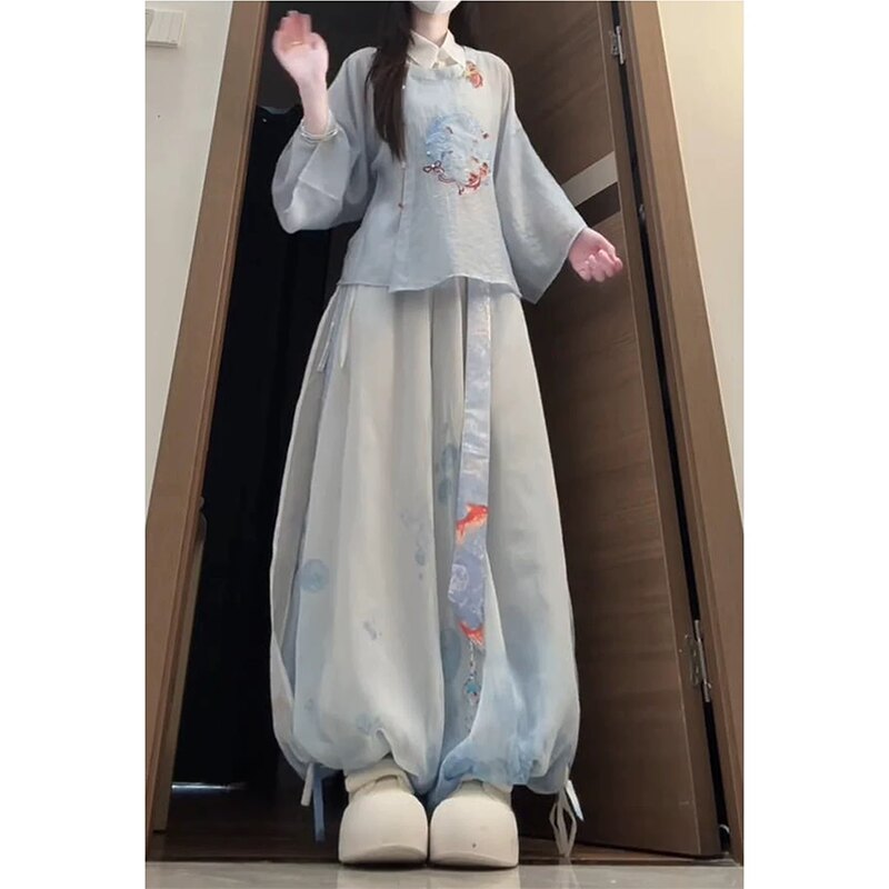 蓝色汉服女明制刺绣薄款日常通勤穿搭中国风长裤套装2026夏季新款 - 实物图