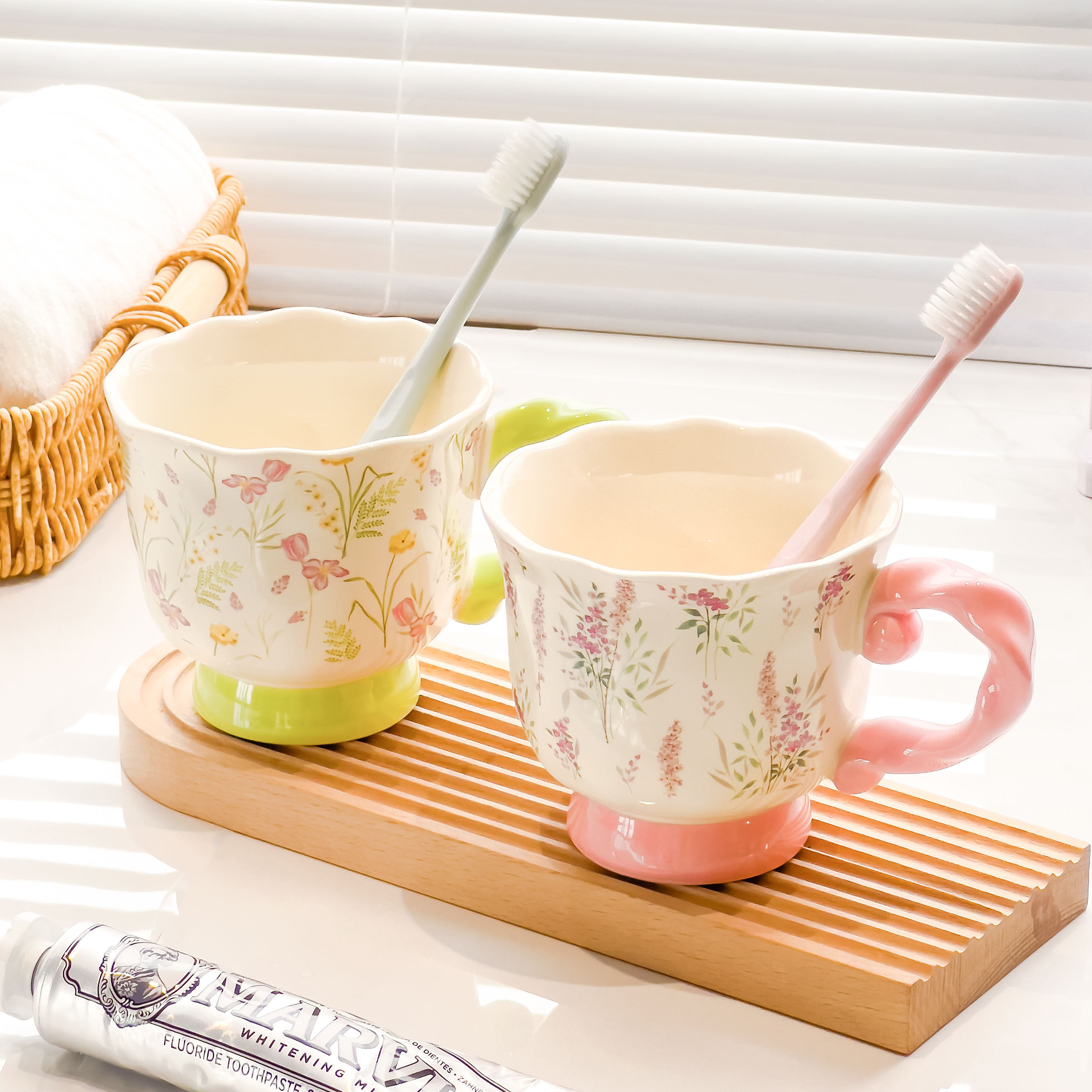 繁花陶瓷漱口杯复古家用卫生间刷牙杯情侣洗漱杯高级套装牙杯牙缸,家庭/个人清洁工具,洗漱杯,淘宝优惠券,粉丝福利购,淘宝优惠卷