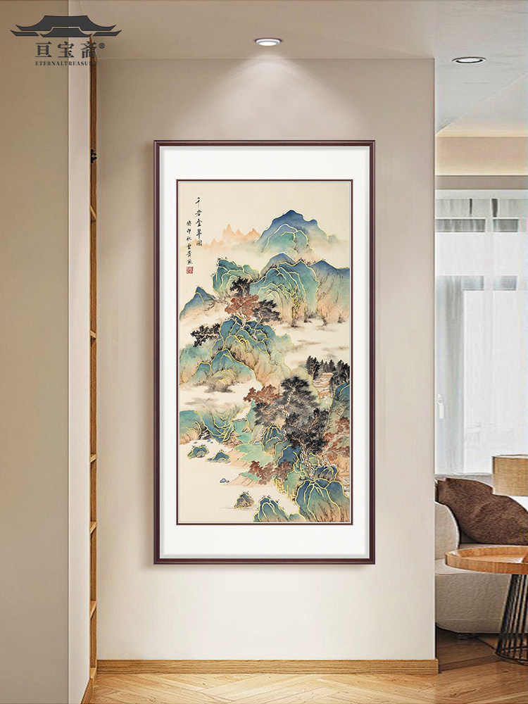 新中国风入口装饰壁画纯手绘鎏金山水中国画走廊过道挂画壁画千岩