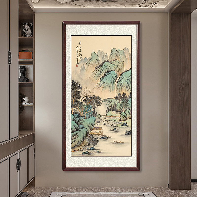 新中式山水国画纯手绘入户玄关装饰墙画走廊过道挂画壁画青山溪流